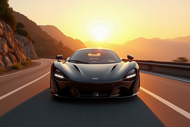 Voiture de sport en pleine vitesse sur une route de montagne au lever du soleil