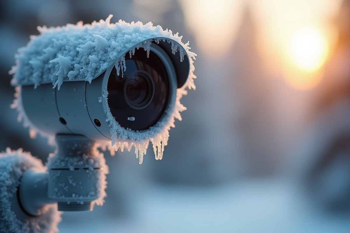 Zoom sur webcam givree en conditions matinales froides